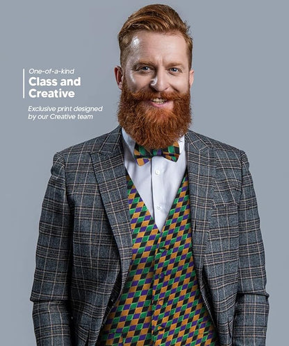 Vittorio Farina Men's Mardi Gras Satin Vest and Bow Tie Set - Mardi 6: Harlequin - Vest Set - Vittorio Farina