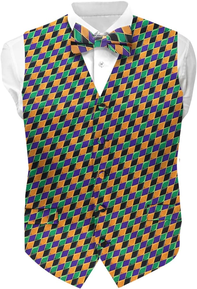 Vittorio Farina Men's Mardi Gras Satin Vest and Bow Tie Set - Mardi 6: Harlequin - Vest Set - Vittorio Farina