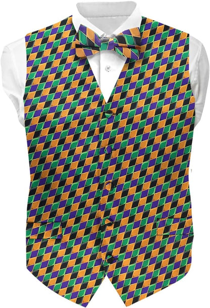 Vittorio Farina Men's Mardi Gras Satin Vest and Bow Tie Set - Mardi 6: Harlequin - Vest Set - Vittorio Farina