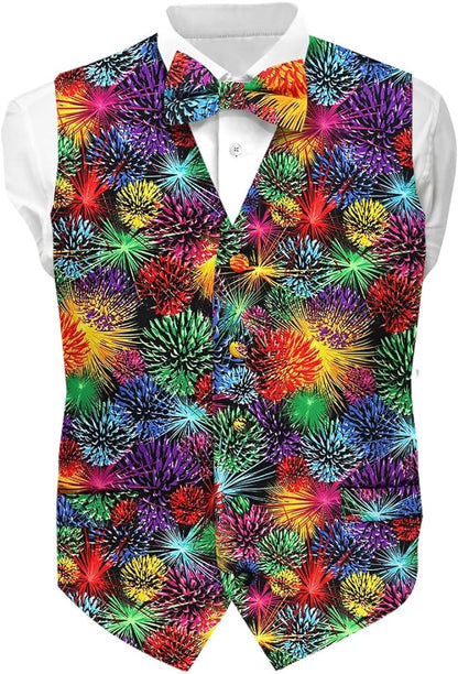 Vittorio Farina Men's Mardi Gras Satin Vest and Bow Tie Set - Mardi 7: Vibrant Colorful Fireworks - Vest Set - Vittorio Farina