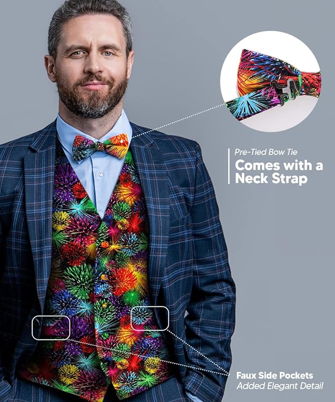 Vittorio Farina Men's Mardi Gras Satin Vest and Bow Tie Set - Mardi 6: Harlequin - Vest Set - Vittorio Farina