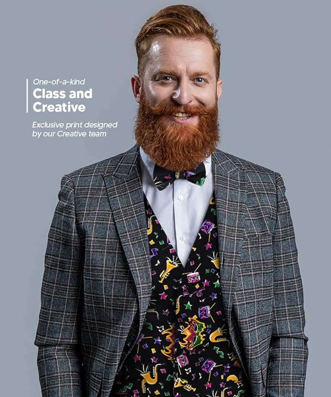 Vittorio Farina Men's Mardi Gras Satin Vest and Bow Tie Set - Mardi Original: Vibrant Party Mask - Vest Set - Vittorio Farina