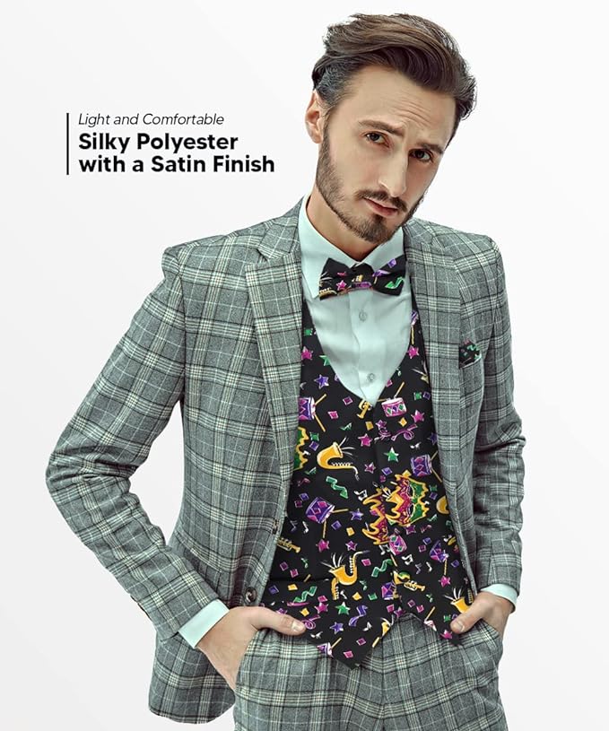 Vittorio Farina Men's Mardi Gras Satin Vest and Bow Tie Set - Mardi 8: Vibrant Colorful Celebration - Vest Set - Vittorio Farina