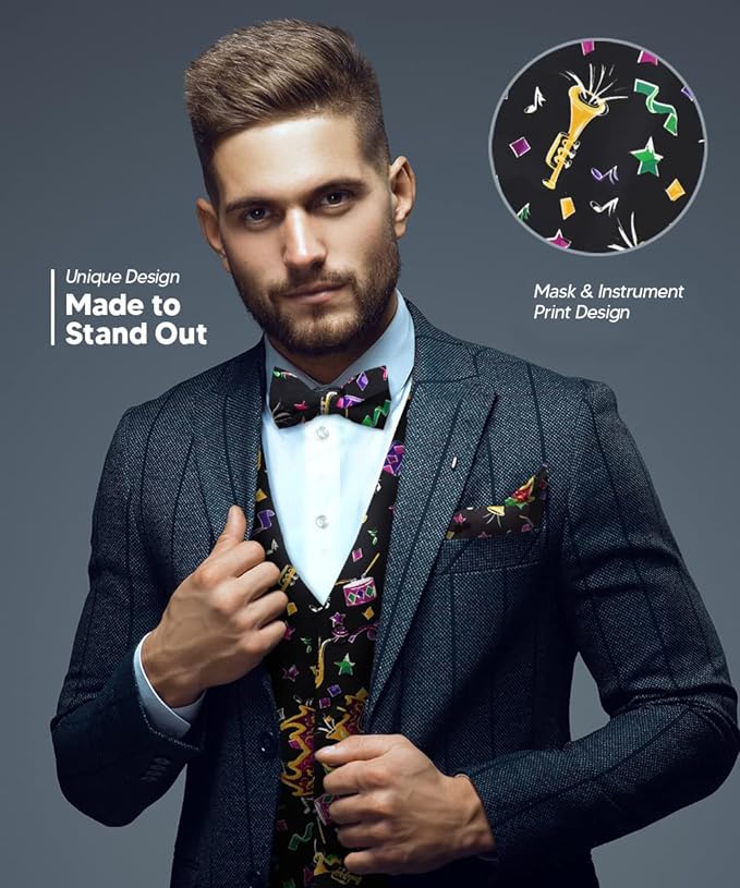 Vittorio Farina Men's Mardi Gras Satin Vest and Bow Tie Set - Mardi Original: Vibrant Party Mask - Vest Set - Vittorio Farina