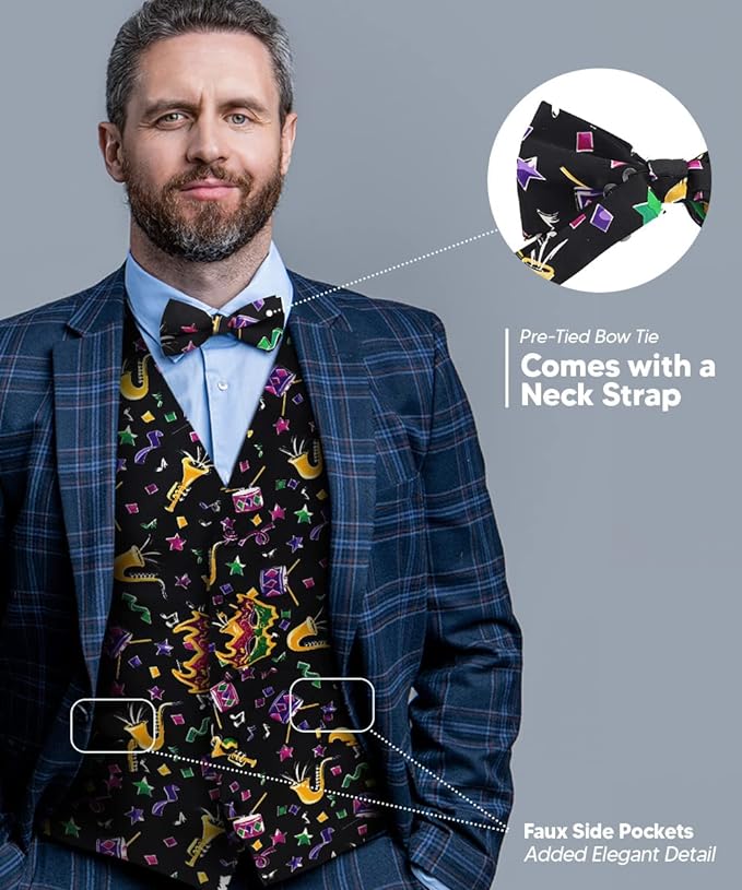 Vittorio Farina Men's Mardi Gras Satin Vest and Bow Tie Set - Mardi Original: Vibrant Party Mask - Vest Set - Vittorio Farina