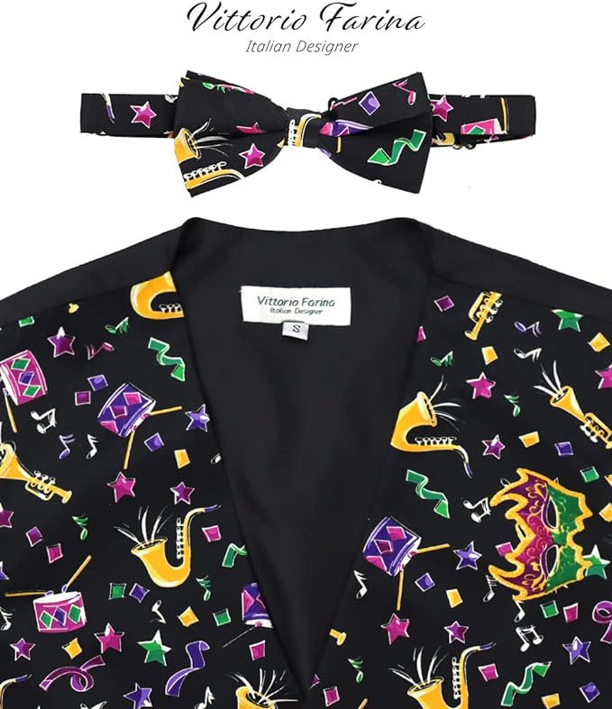 Vittorio Farina Men's Mardi Gras Satin Vest and Bow Tie Set - Mardi 7: Vibrant Colorful Fireworks - Vest Set - Vittorio Farina