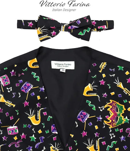 Vittorio Farina Men's Mardi Gras Satin Vest and Bow Tie Set - Mardi 7: Vibrant Colorful Fireworks - Vest Set - Vittorio Farina