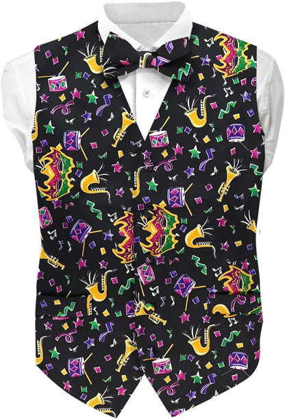 Vittorio Farina Men's Mardi Gras Satin Vest and Bow Tie Set - Mardi 8: Vibrant Colorful Celebration - Vest Set - Vittorio Farina