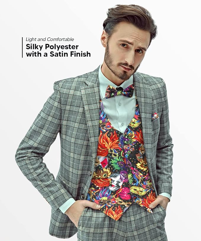 Vittorio Farina Men's Mardi Gras Satin Vest and Bow Tie Set - Mardi Original: Vibrant Party Mask - Vest Set - Vittorio Farina