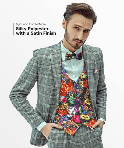 Vittorio Farina Men's Mardi Gras Satin Vest and Bow Tie Set - Mardi Original: Vibrant Party Mask - Vest Set - Vittorio Farina