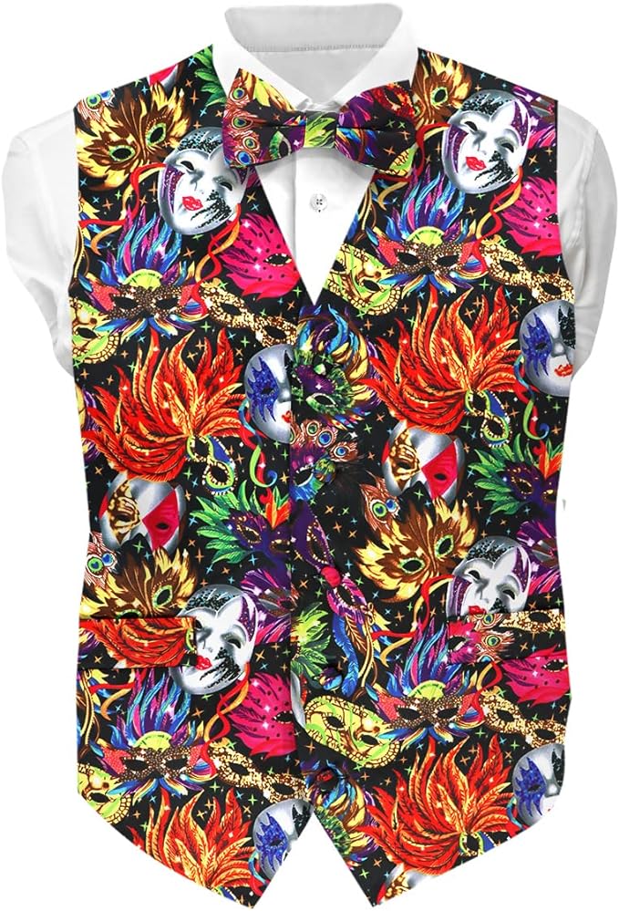 Vittorio Farina Men's Mardi Gras Satin Vest and Bow Tie Set - Mardi Original: Vibrant Party Mask - Vest Set - Vittorio Farina