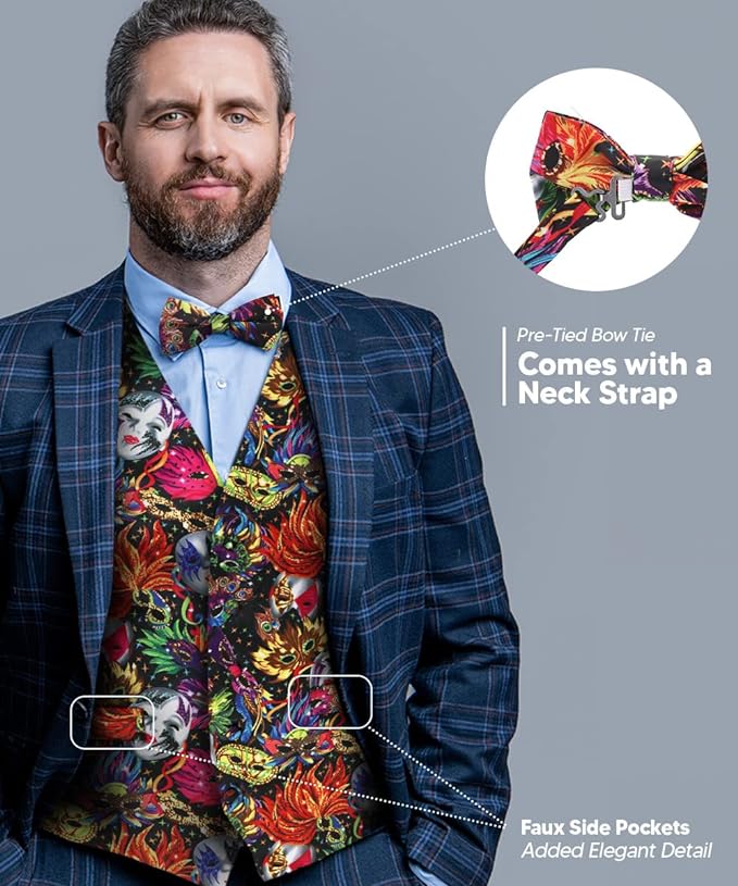 Vittorio Farina Men's Mardi Gras Satin Vest and Bow Tie Set - Mardi Original: Vibrant Party Mask - Vest Set - Vittorio Farina