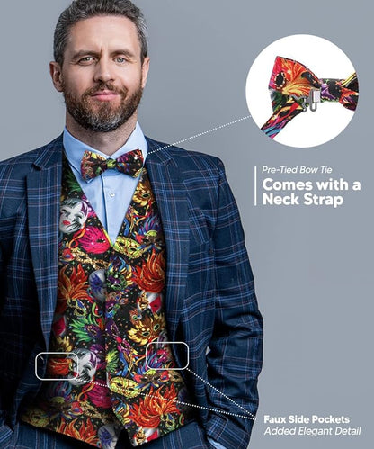 Vittorio Farina Men's Mardi Gras Satin Vest and Bow Tie Set - Mardi Original: Vibrant Party Mask - Vest Set - Vittorio Farina