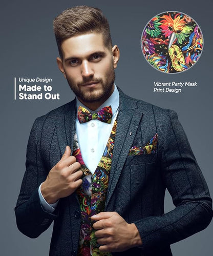 Vittorio Farina Men's Mardi Gras Satin Vest and Bow Tie Set - Mardi Original: Vibrant Party Mask - Vest Set - Vittorio Farina