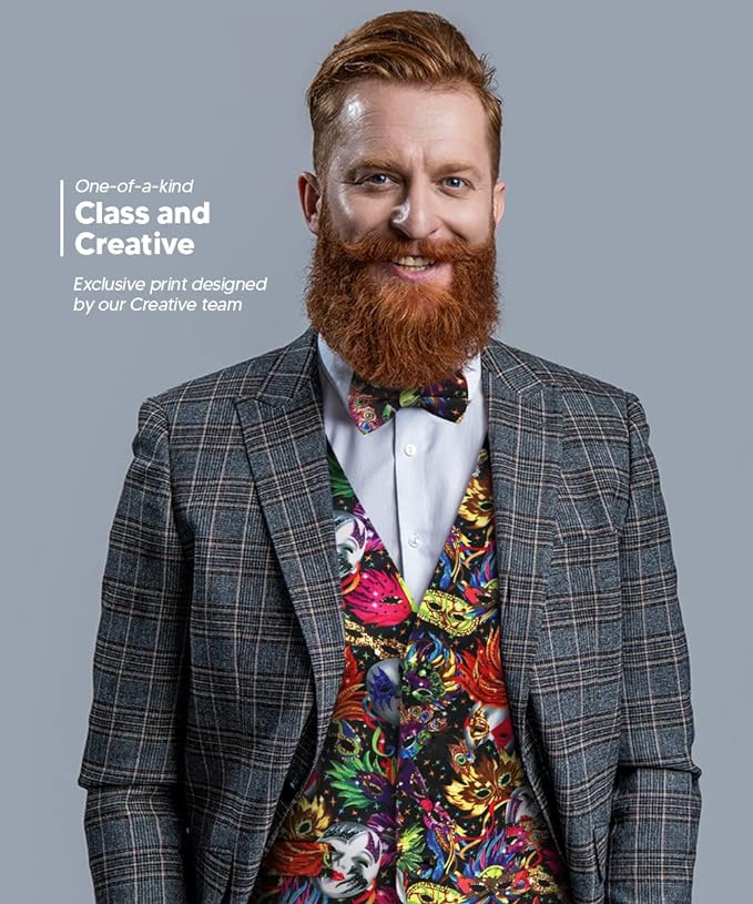 Vittorio Farina Men's Mardi Gras Satin Vest and Bow Tie Set - Mardi Original: Vibrant Party Mask - Vest Set - Vittorio Farina