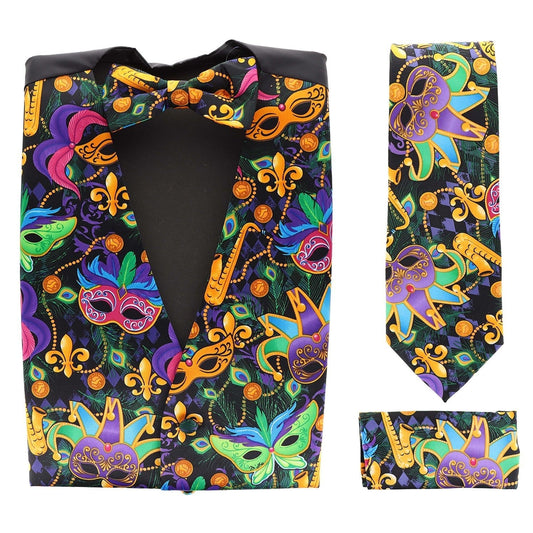 Vittorio Farina Men's Mardi Gras Satin Vest, Necktie, Bow Tie and Pocket Square Set - Mardi 1: Vibrant Masquerade Mask - Vest Set - Vittorio Farina