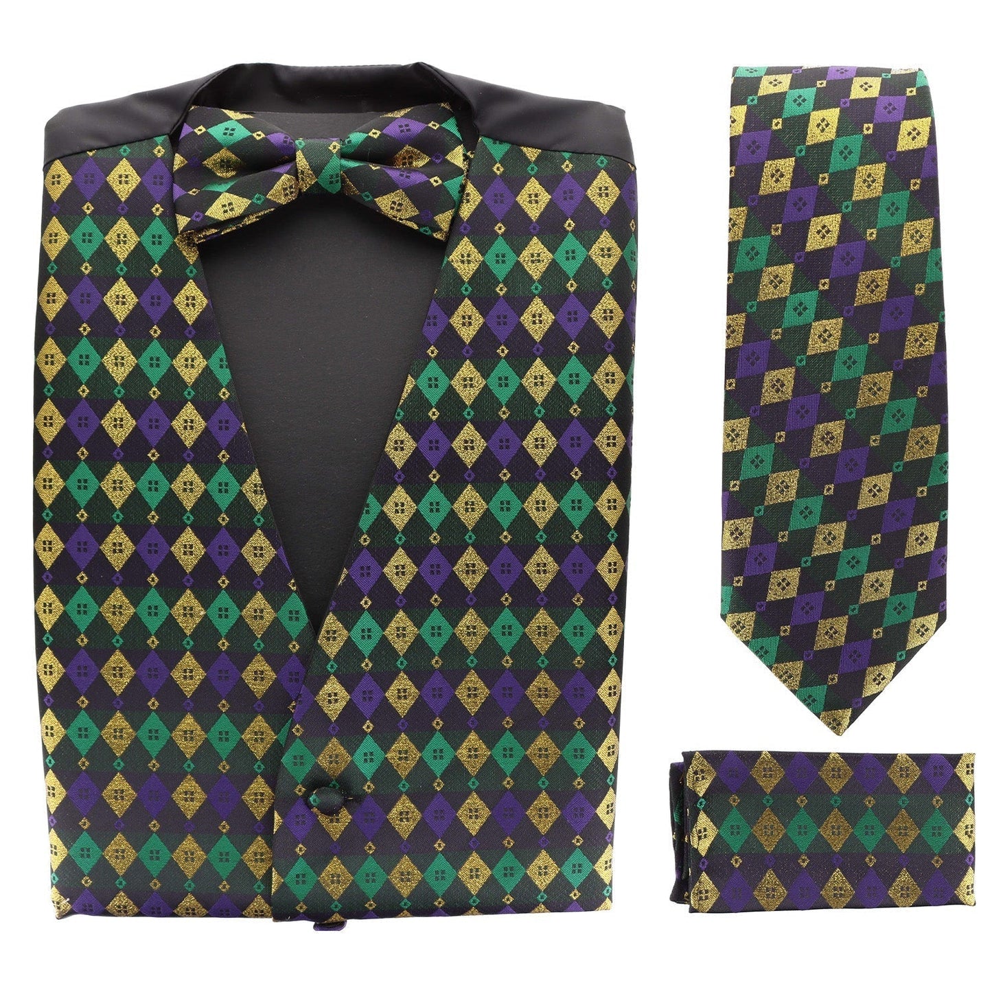 Vittorio Farina Men's Mardi Gras Satin Vest, Necktie, Bow Tie and Pocket Square Set - Mardi 2: Metallic Harlequin - Vest Set - Vittorio Farina