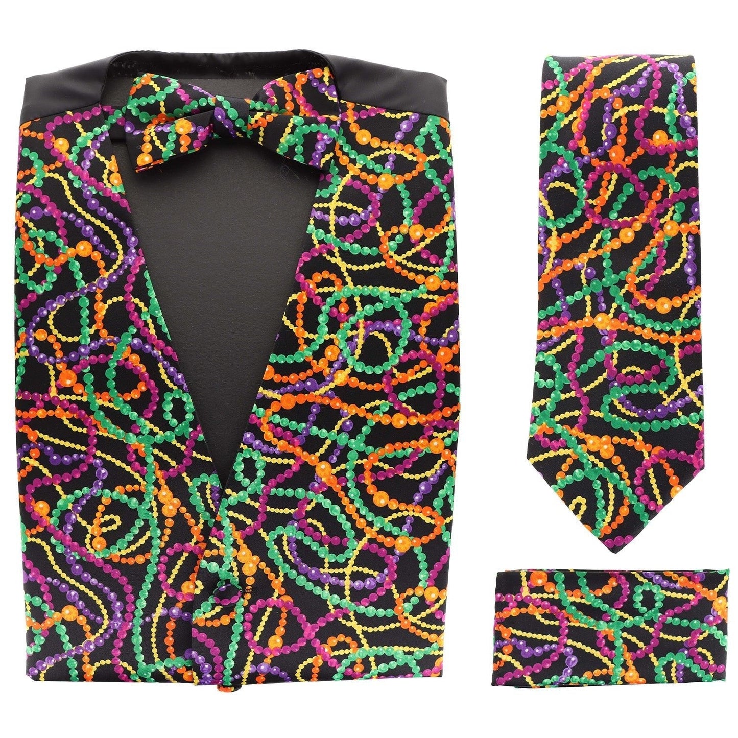Vittorio Farina Men's Mardi Gras Satin Vest, Necktie, Bow Tie and Pocket Square Set - Mardi 4: Vibrant Colorful Bead - Vest Set - Vittorio Farina