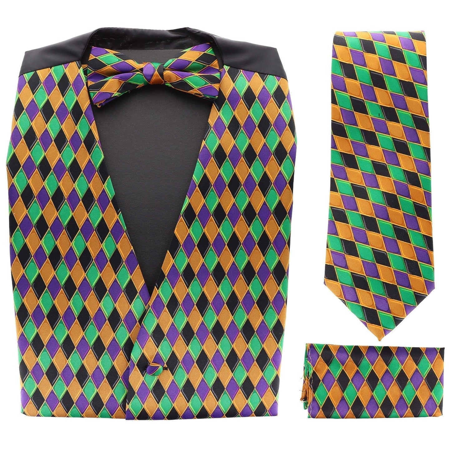 Vittorio Farina Men's Mardi Gras Satin Vest, Necktie, Bow Tie and Pocket Square Set - Mardi 6: Harlequin - Vest Set - Vittorio Farina