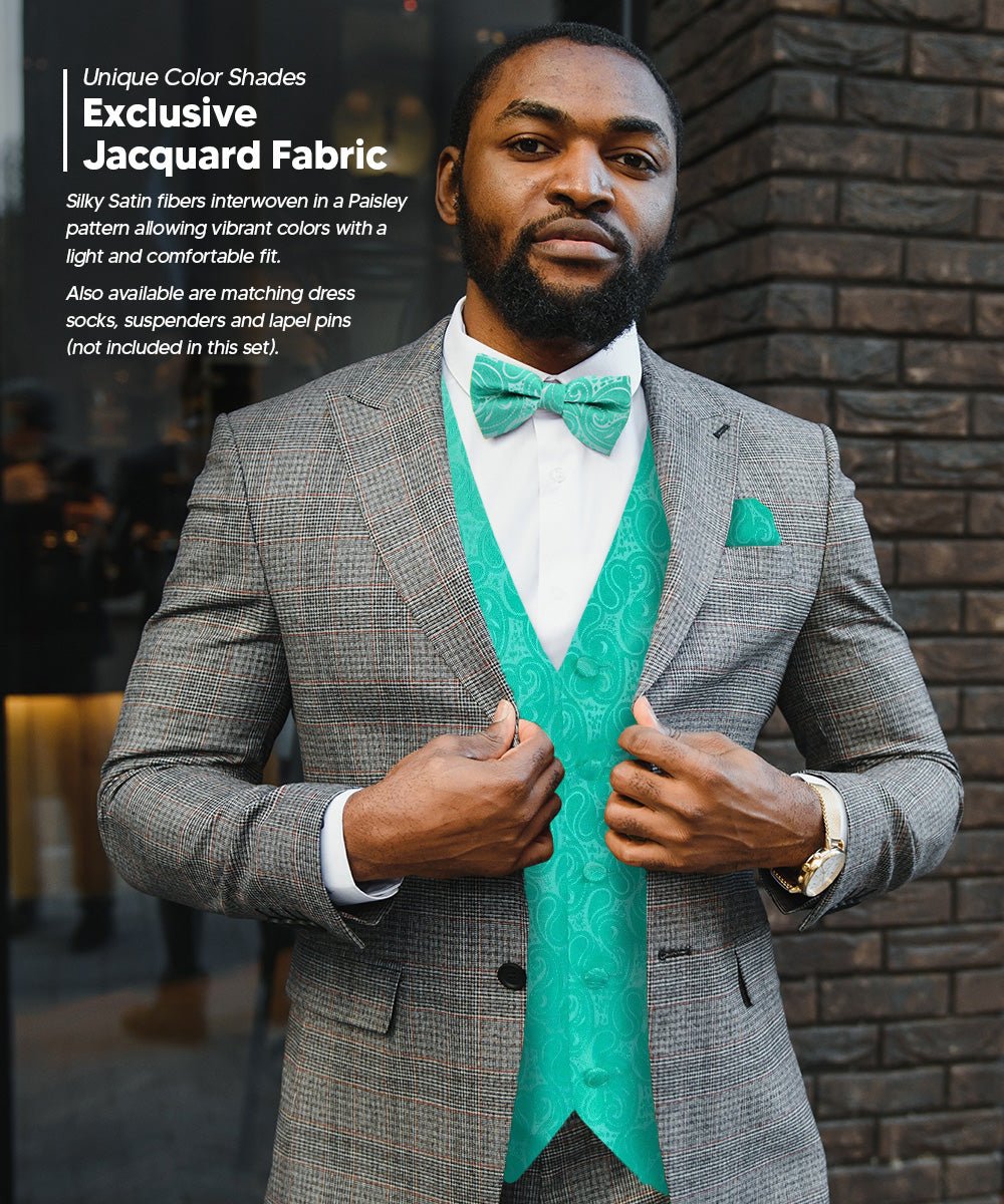 Vittorio Farina Men's Mint Woven Paisley Vest, Necktie, Bow Tie and Pocket Square Set (White Back) - Aqua - Vest Set - Vittorio Farina