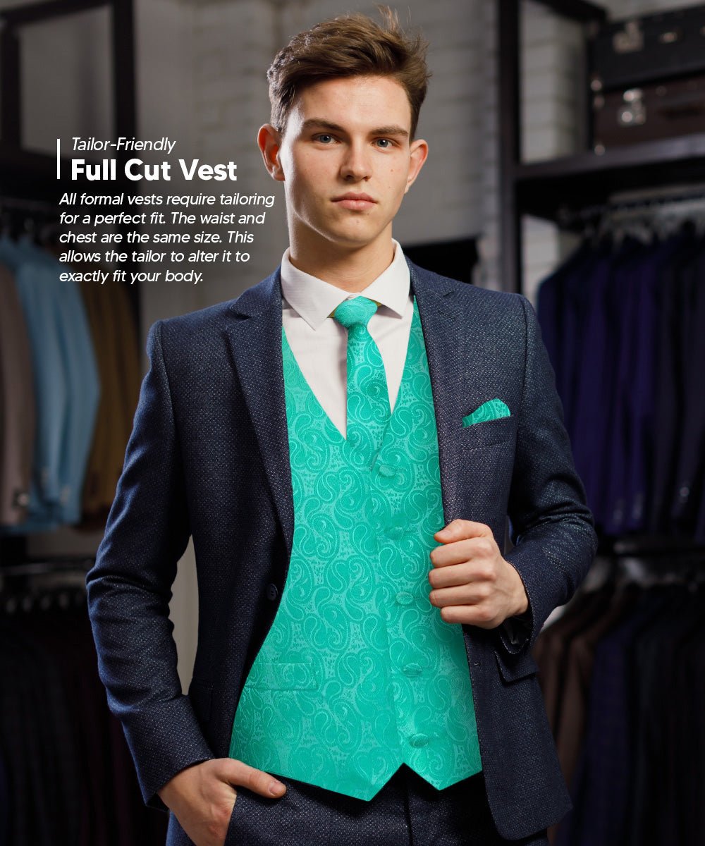 Vittorio Farina Men's Mint Woven Paisley Vest, Necktie, Bow Tie and Pocket Square Set (White Back) - Aqua - Vest Set - Vittorio Farina