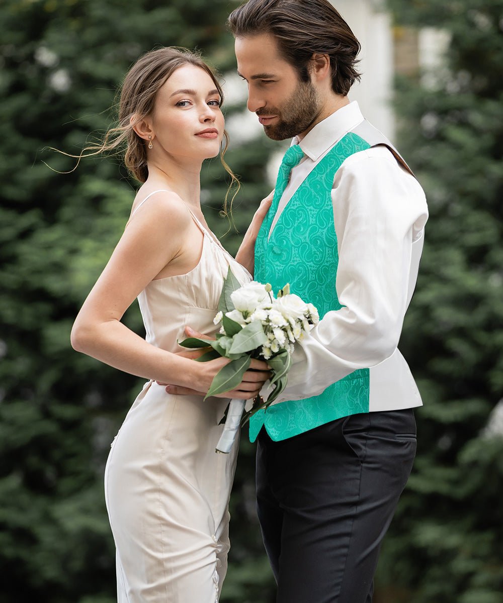 Vittorio Farina Men's Mint Woven Paisley Vest, Necktie, Bow Tie and Pocket Square Set (White Back) - Aqua - Vest Set - Vittorio Farina