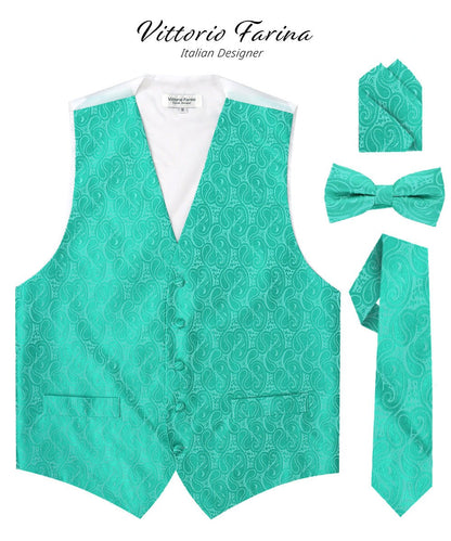 Vittorio Farina Men's Mint Woven Paisley Vest, Necktie, Bow Tie and Pocket Square Set (White Back) - Aqua - Vest Set - Vittorio Farina