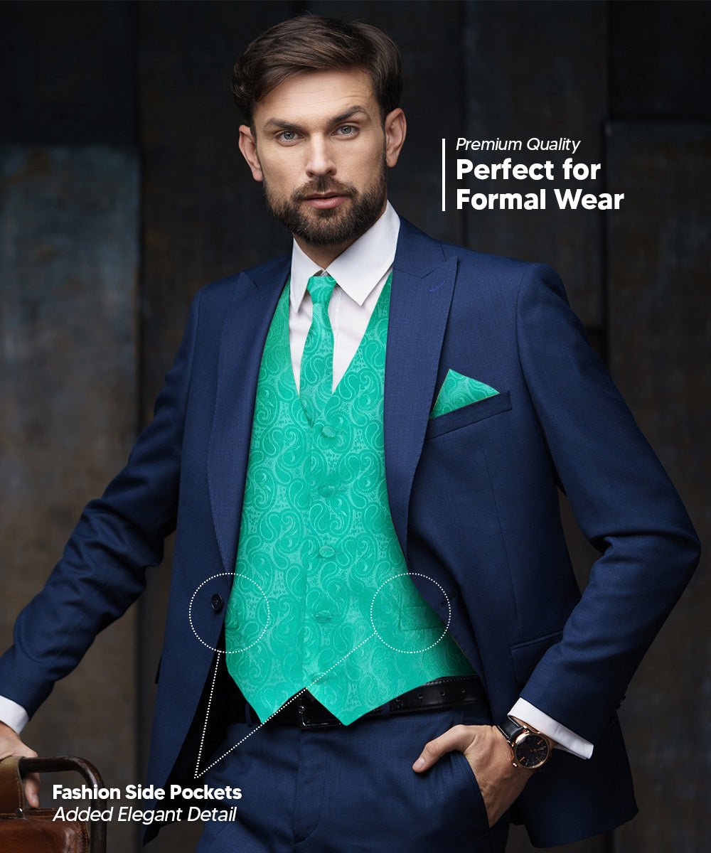 Vittorio Farina Men's Mint Woven Paisley Vest, Necktie, Bow Tie and Pocket Square Set (White Back) - Aqua - Vest Set - Vittorio Farina