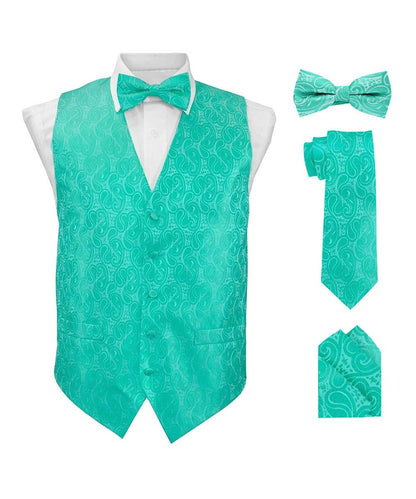Vittorio Farina Men's Mint Woven Paisley Vest, Necktie, Bow Tie and Pocket Square Set (White Back) - Aqua - Vest Set - Vittorio Farina