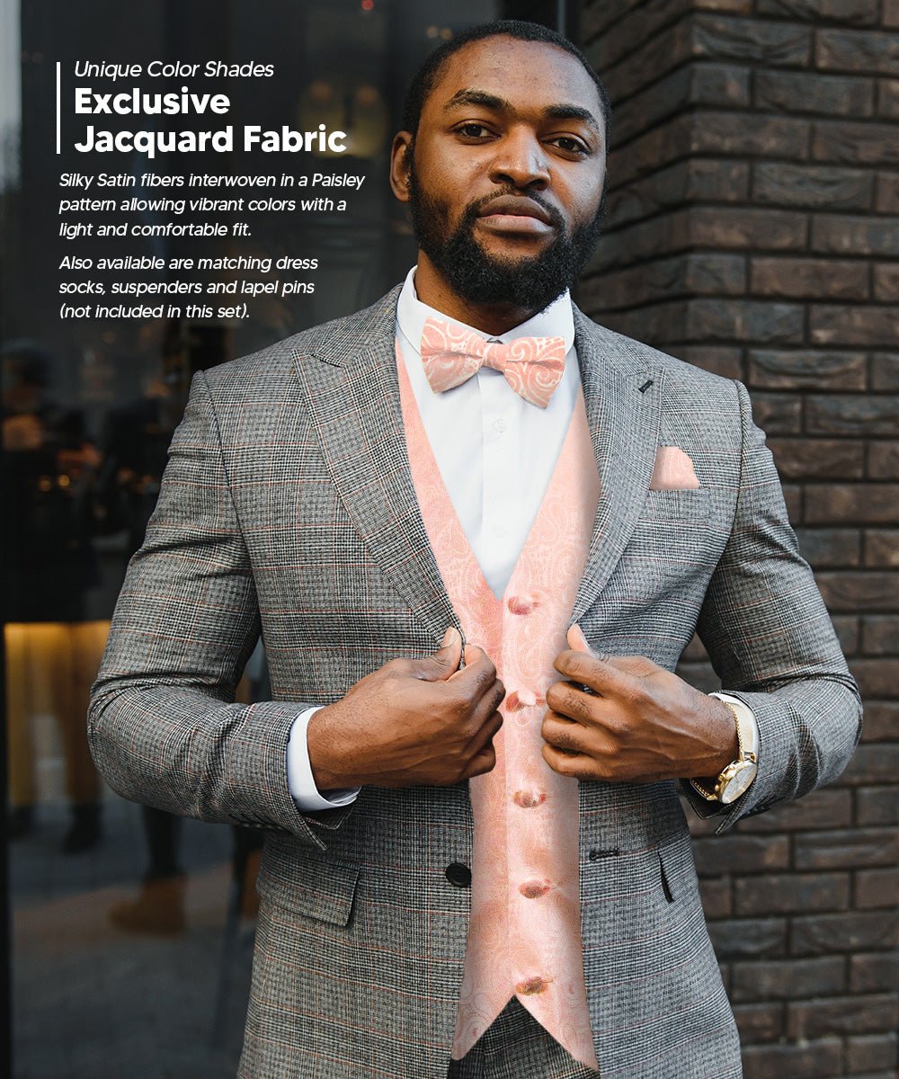 Vittorio Farina Men's Mint Woven Paisley Vest, Necktie, Bow Tie and Pocket Square Set (White Back) - Blush - Vest Set - Vittorio Farina