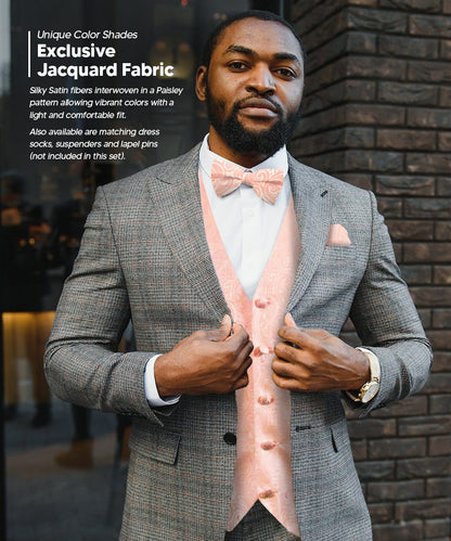 Vittorio Farina Men's Mint Woven Paisley Vest, Necktie, Bow Tie and Pocket Square Set (White Back) - Blush - Vest Set - Vittorio Farina
