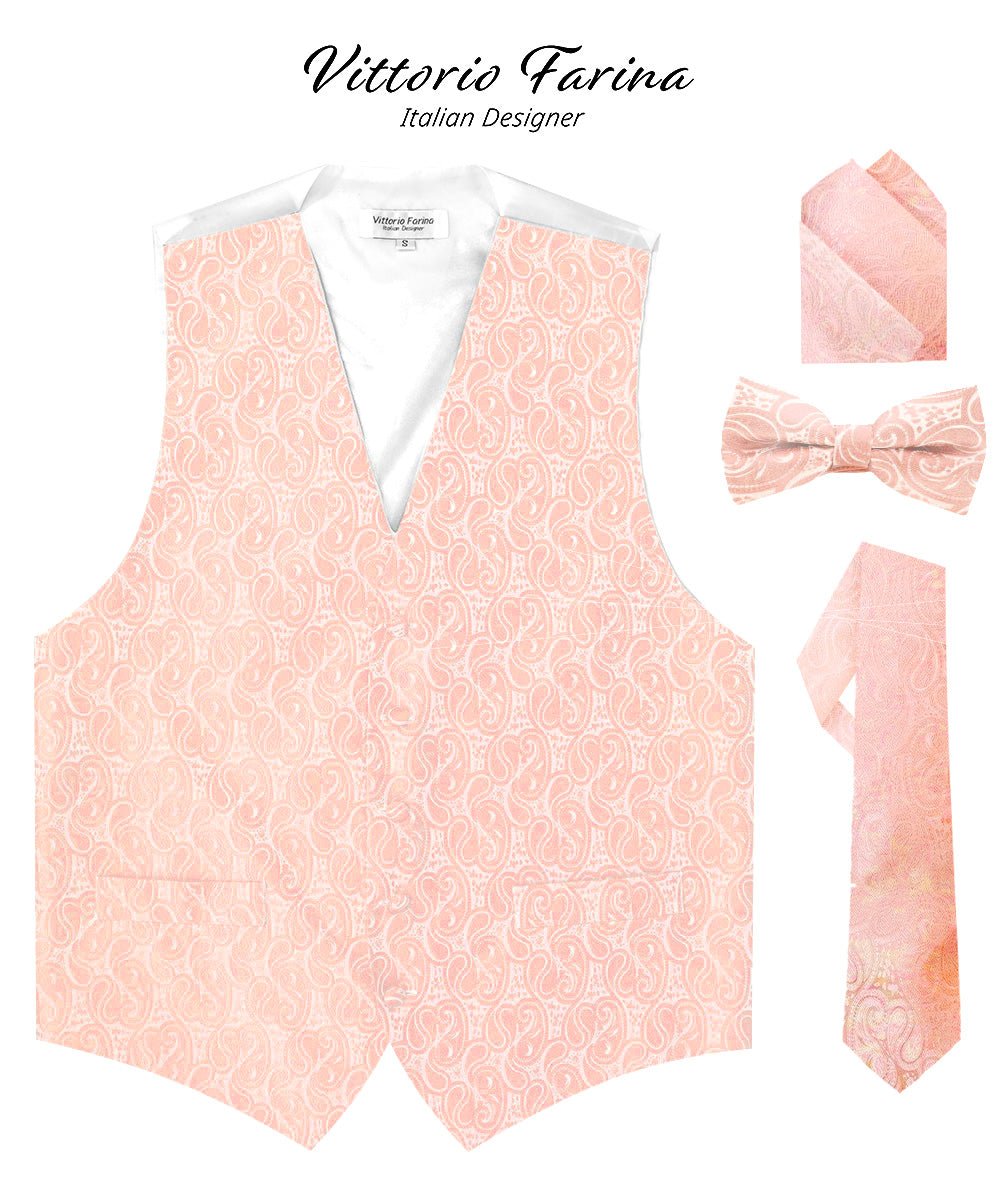 Vittorio Farina Men's Mint Woven Paisley Vest, Necktie, Bow Tie and Pocket Square Set (White Back) - Blush - Vest Set - Vittorio Farina