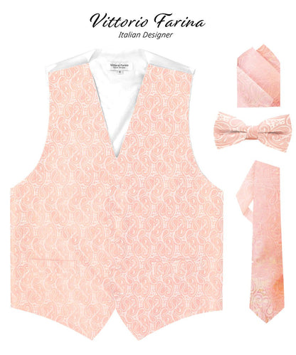 Vittorio Farina Men's Mint Woven Paisley Vest, Necktie, Bow Tie and Pocket Square Set (White Back) - Blush - Vest Set - Vittorio Farina