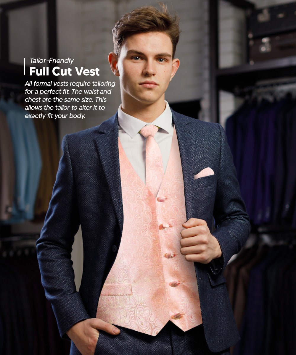 Vittorio Farina Men's Mint Woven Paisley Vest, Necktie, Bow Tie and Pocket Square Set (White Back) - Blush - Vest Set - Vittorio Farina