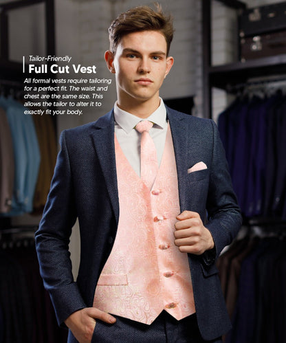 Vittorio Farina Men's Mint Woven Paisley Vest, Necktie, Bow Tie and Pocket Square Set (White Back) - Blush - Vest Set - Vittorio Farina