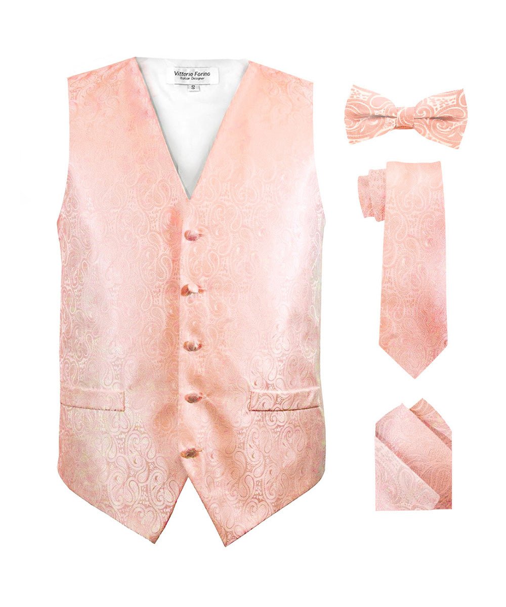 Vittorio Farina Men's Mint Woven Paisley Vest, Necktie, Bow Tie and Pocket Square Set (White Back) - Blush - Vest Set - Vittorio Farina
