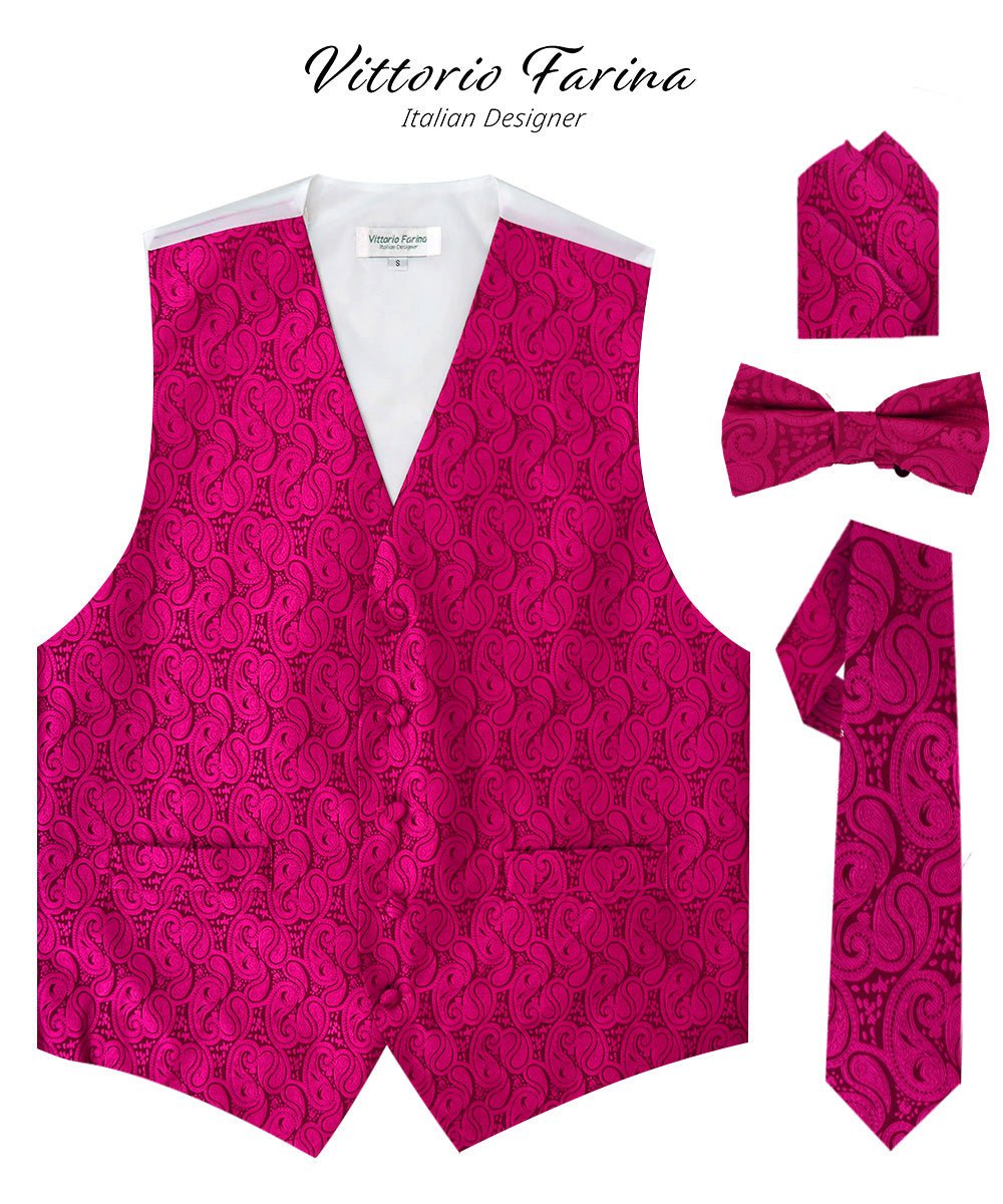 Vittorio Farina Men's Mint Woven Paisley Vest, Necktie, Bow Tie and Pocket Square Set (White Back) - Hot Pink - Vest Set - Vittorio Farina