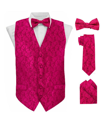 Vittorio Farina Men's Mint Woven Paisley Vest, Necktie, Bow Tie and Pocket Square Set (White Back) - Hot Pink - Vest Set - Vittorio Farina
