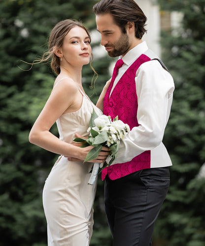 Vittorio Farina Men's Mint Woven Paisley Vest, Necktie, Bow Tie and Pocket Square Set (White Back) - Hot Pink - Vest Set - Vittorio Farina
