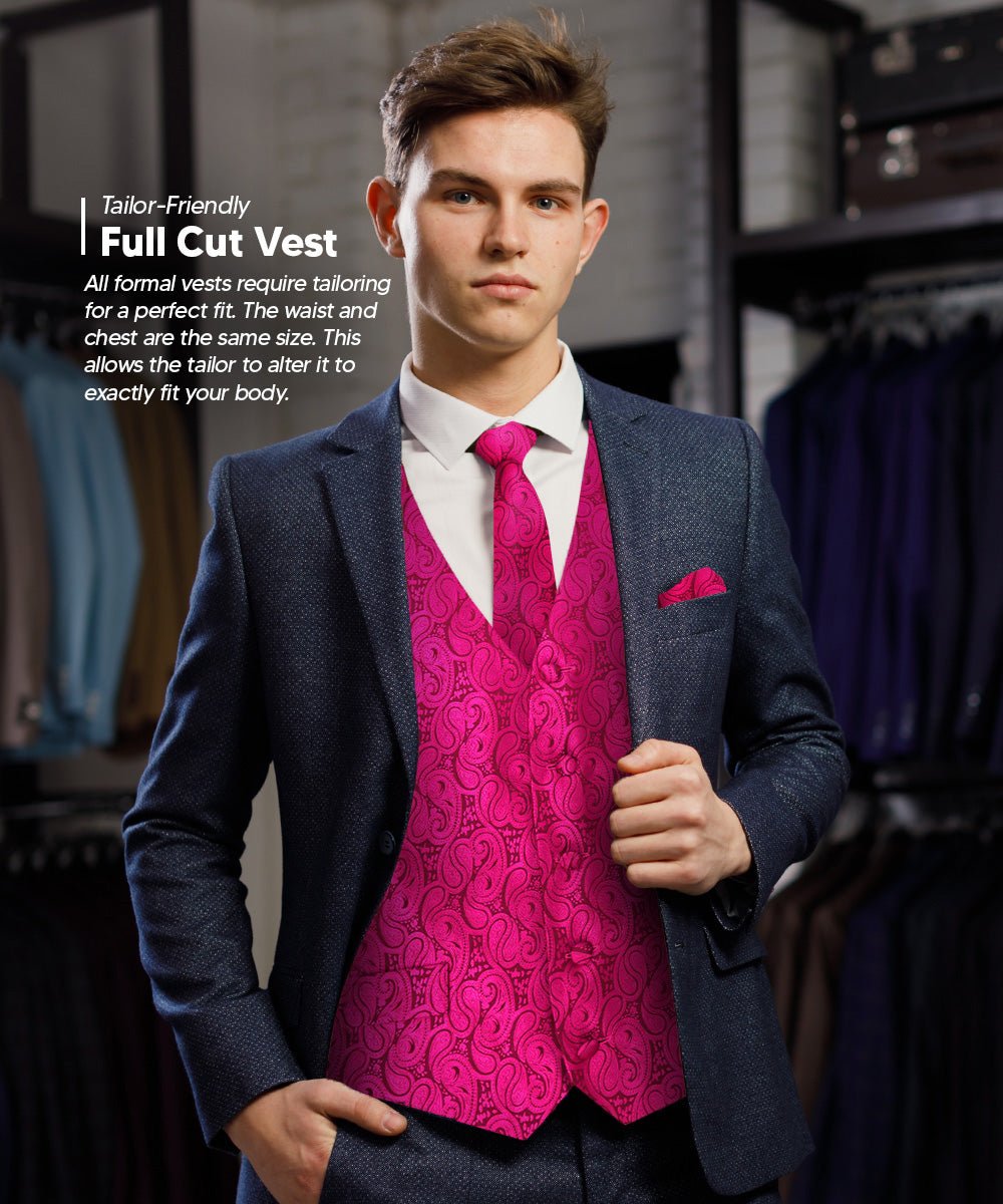 Vittorio Farina Men's Mint Woven Paisley Vest, Necktie, Bow Tie and Pocket Square Set (White Back) - Hot Pink - Vest Set - Vittorio Farina