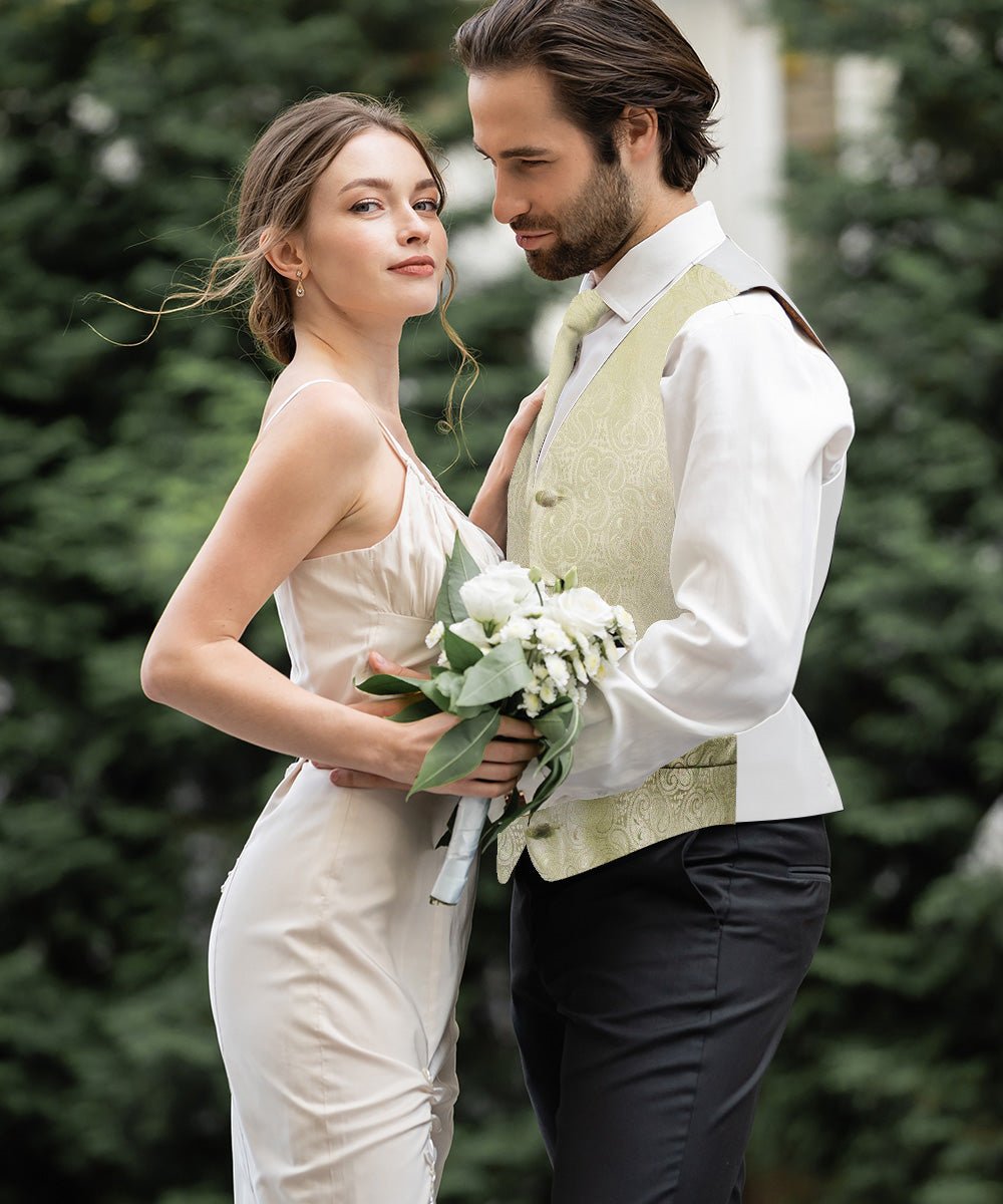 Vittorio Farina Men's Mint Woven Paisley Vest, Necktie, Bow Tie and Pocket Square Set (White Back) - Ivory - Vest Set - Vittorio Farina