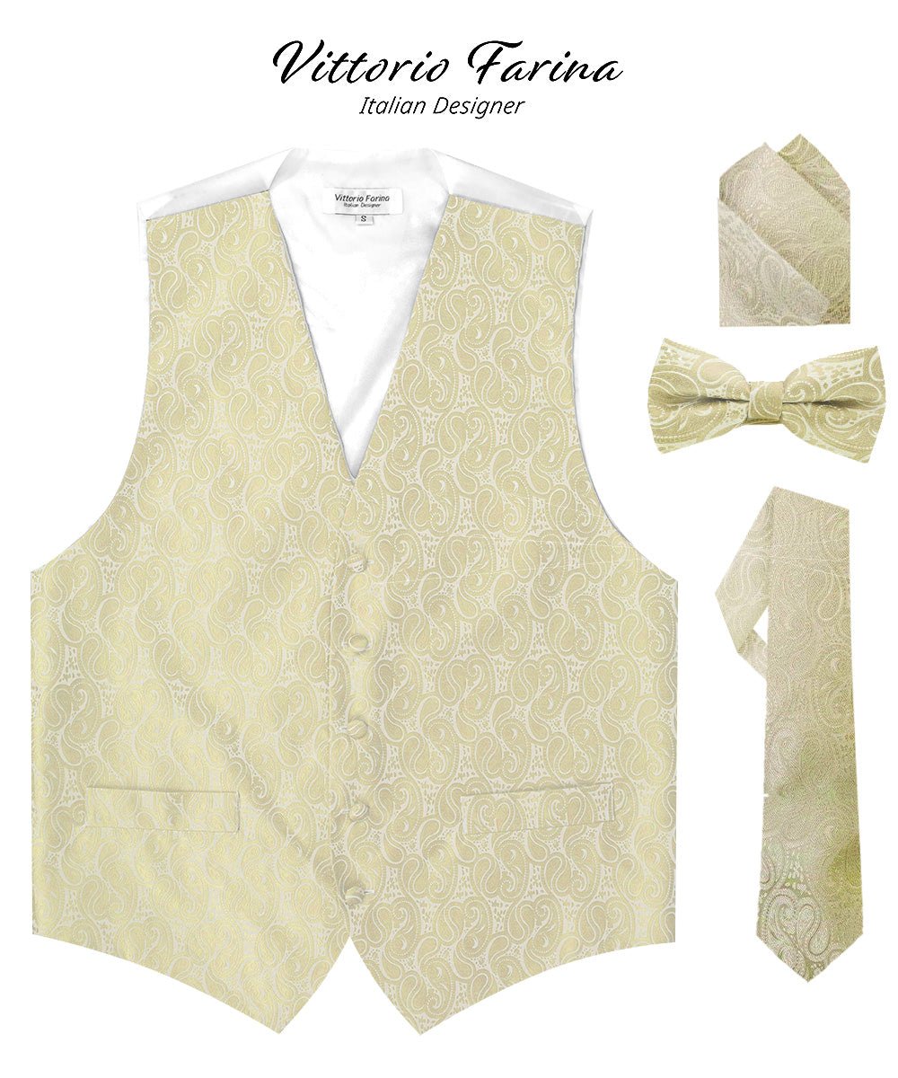 Vittorio Farina Men's Mint Woven Paisley Vest, Necktie, Bow Tie and Pocket Square Set (White Back) - Ivory - Vest Set - Vittorio Farina