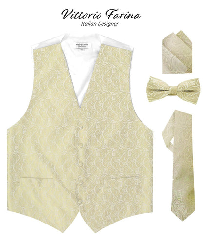 Vittorio Farina Men's Mint Woven Paisley Vest, Necktie, Bow Tie and Pocket Square Set (White Back) - Ivory - Vest Set - Vittorio Farina