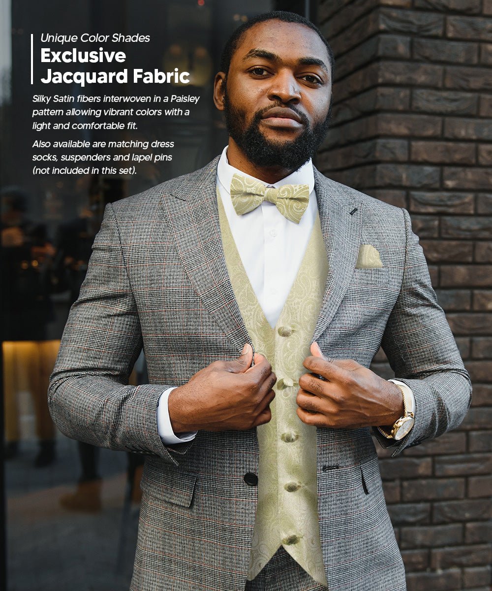 Vittorio Farina Men's Mint Woven Paisley Vest, Necktie, Bow Tie and Pocket Square Set (White Back) - Ivory - Vest Set - Vittorio Farina