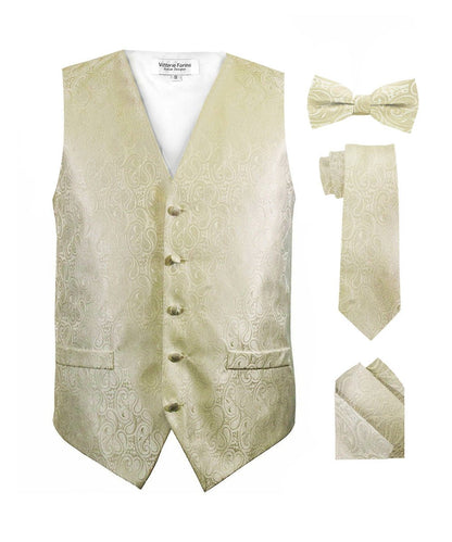 Vittorio Farina Men's Mint Woven Paisley Vest, Necktie, Bow Tie and Pocket Square Set (White Back) - Ivory - Vest Set - Vittorio Farina