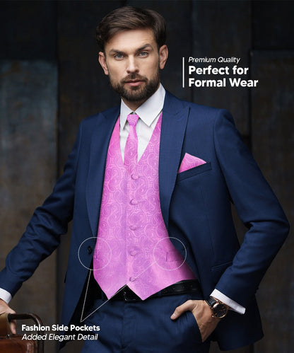 Vittorio Farina Men's Mint Woven Paisley Vest, Necktie, Bow Tie and Pocket Square Set (White Back) - Lavender - Vest Set - Vittorio Farina