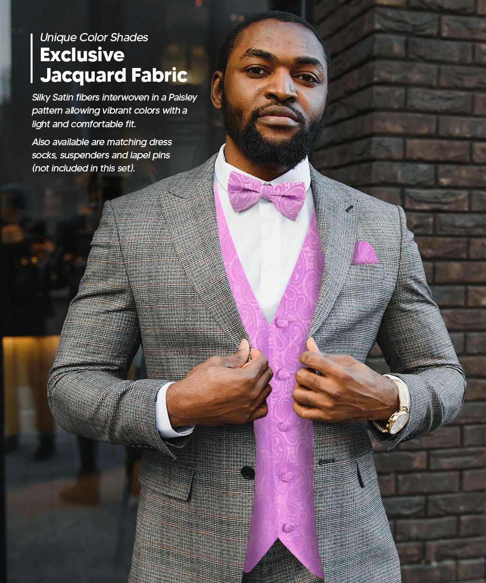 Vittorio Farina Men's Mint Woven Paisley Vest, Necktie, Bow Tie and Pocket Square Set (White Back) - Lavender - Vest Set - Vittorio Farina