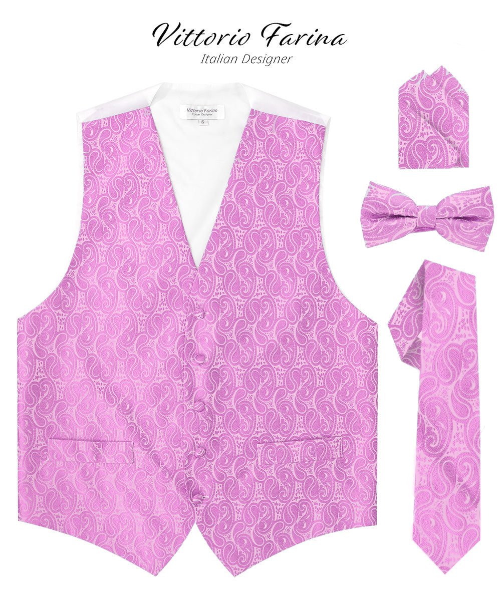 Vittorio Farina Men's Mint Woven Paisley Vest, Necktie, Bow Tie and Pocket Square Set (White Back) - Lavender - Vest Set - Vittorio Farina