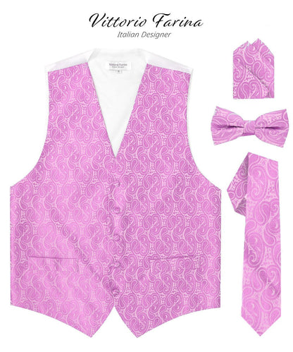 Vittorio Farina Men's Mint Woven Paisley Vest, Necktie, Bow Tie and Pocket Square Set (White Back) - Lavender - Vest Set - Vittorio Farina
