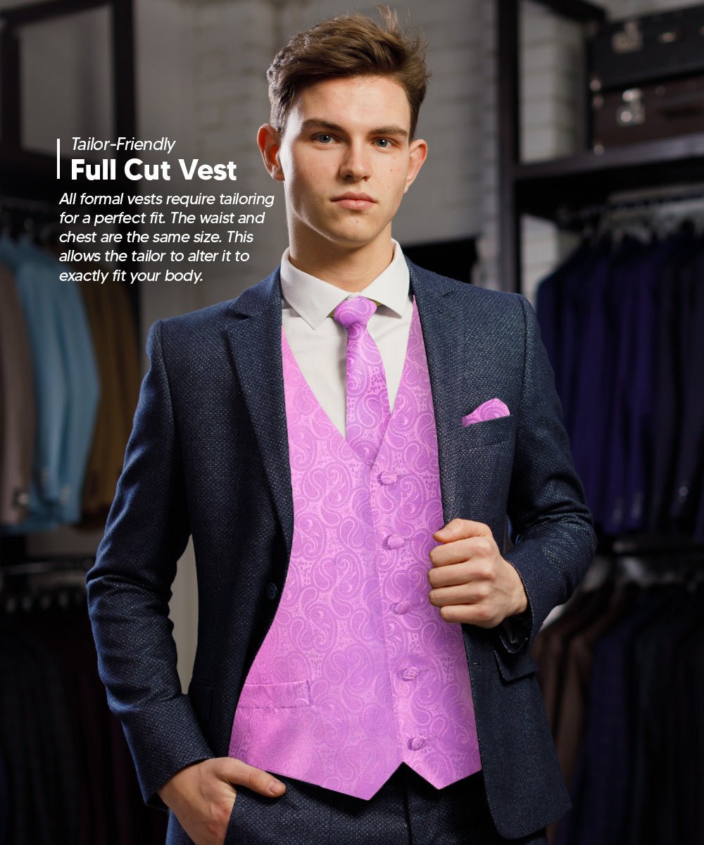 Vittorio Farina Men's Mint Woven Paisley Vest, Necktie, Bow Tie and Pocket Square Set (White Back) - Lavender - Vest Set - Vittorio Farina